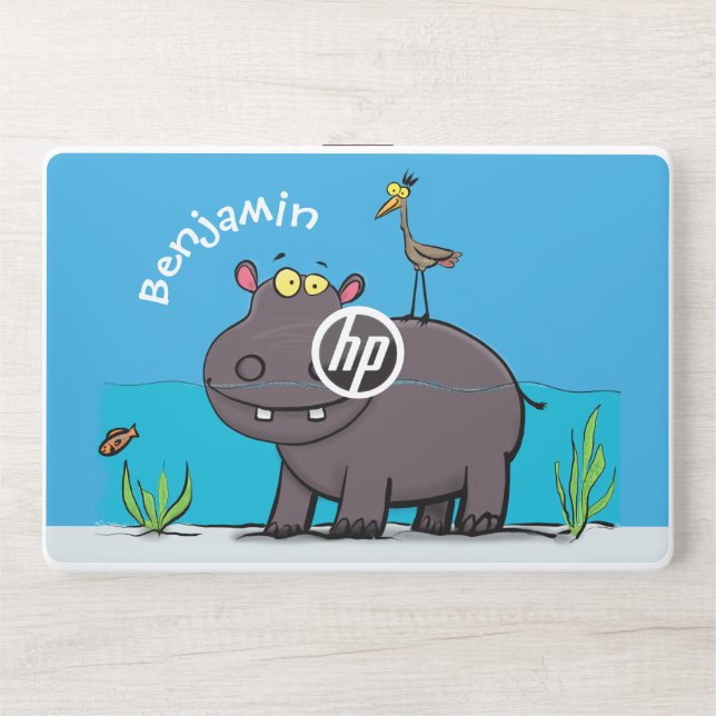 Cute funny hippopotamus with bird cartoon HP laptop skin (Front)