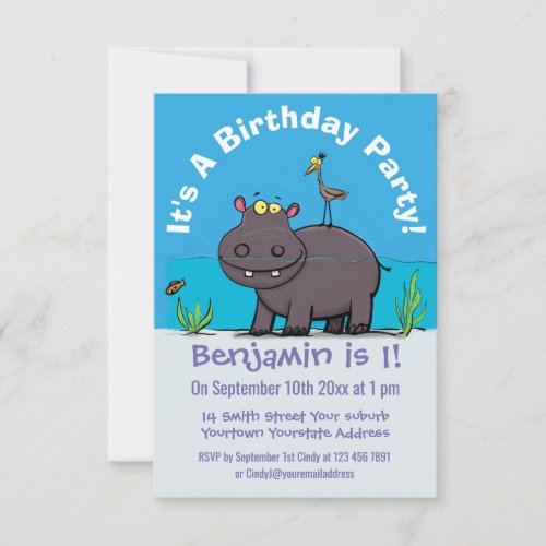 Cute funny hippopotamus with bird cartoon invitation