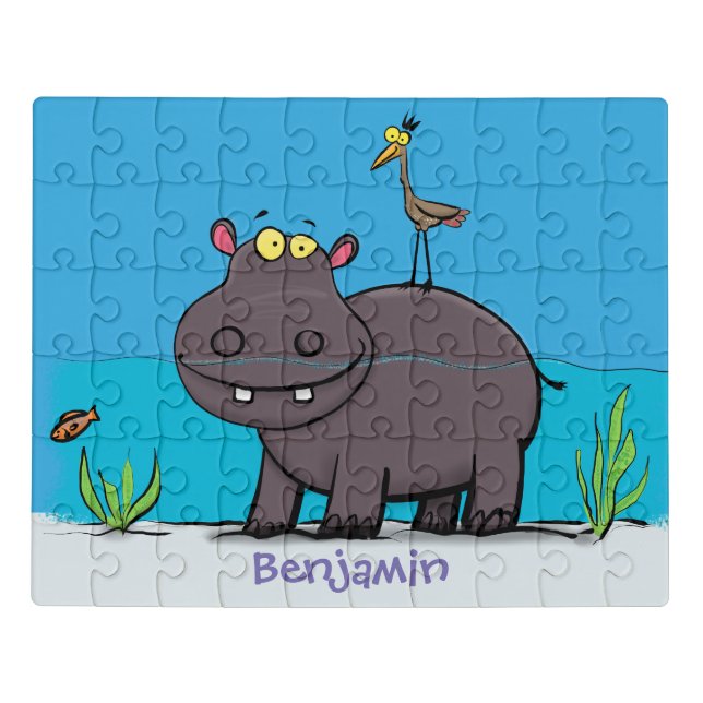 Cute funny hippopotamus with bird cartoon jigsaw puzzle (Puzzle Horizontal)