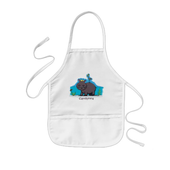 Cute funny hippopotamus with bird cartoon kids' apron (Front)