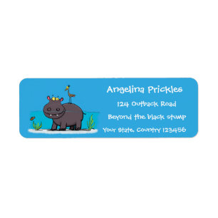 Cute funny hippopotamus with bird cartoon label