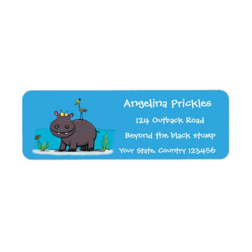 Cute funny hippopotamus with bird cartoon label