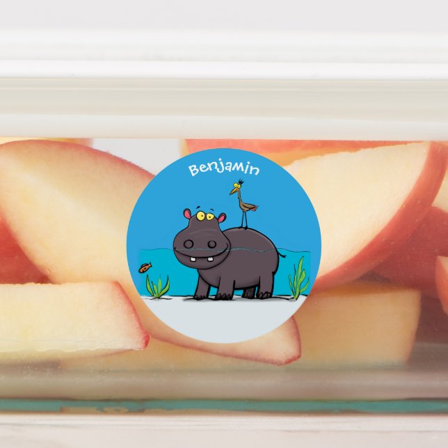 Cute funny hippopotamus with bird cartoon labels (Affixed)