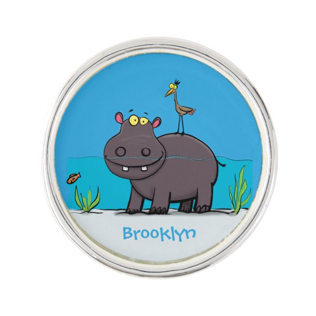 Cute funny hippopotamus with bird cartoon lapel pin (Front)
