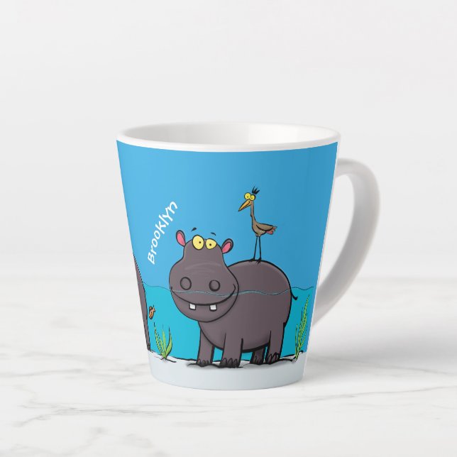 Cute funny hippopotamus with bird cartoon  latte mug (Right Angle)
