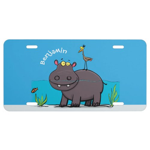 Cute funny hippopotamus with bird cartoon  license plate