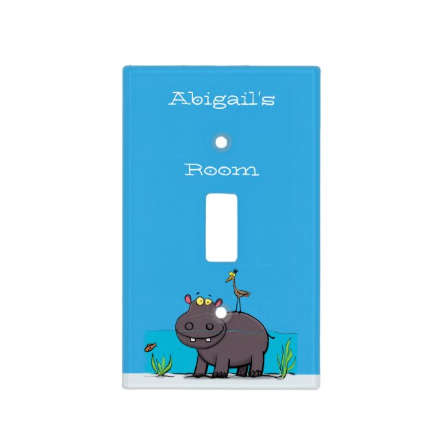 Cute funny hippopotamus with bird cartoon  light switch cover (Front)
