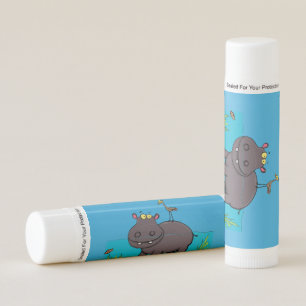 Cute funny hippopotamus with bird cartoon lip balm
