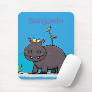 Cute funny hippopotamus with bird cartoon mouse pad