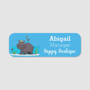 Cute funny hippopotamus with bird cartoon name tag
