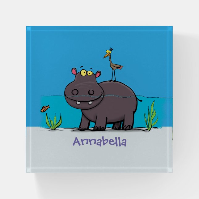 Cute funny hippopotamus with bird cartoon paperweight (Front)