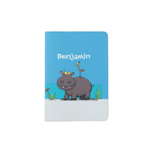 Cute funny hippopotamus with bird cartoon passport holder