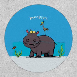Cute funny hippopotamus with bird cartoon patch