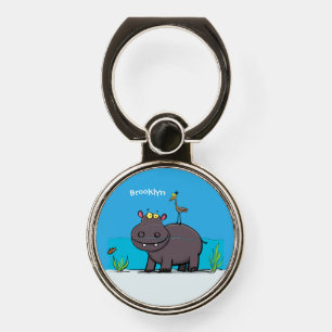 Cute funny hippopotamus with bird cartoon phone ring stand