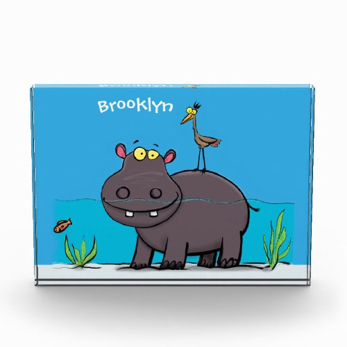 Cute funny hippopotamus with bird cartoon photo block