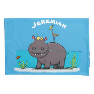 Cute funny hippopotamus with bird cartoon pillow case