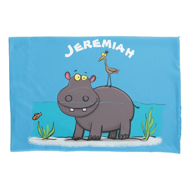 Cute funny hippopotamus with bird cartoon pillow case (Front)