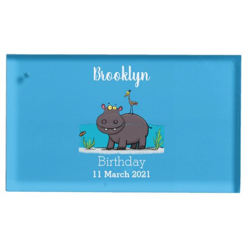Cute funny hippopotamus with bird cartoon place card holder