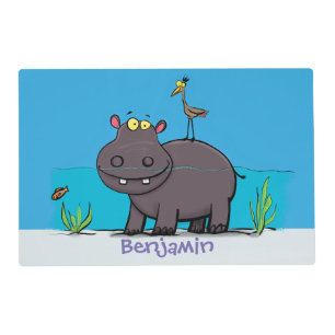 Cute funny hippopotamus with bird cartoon placemat