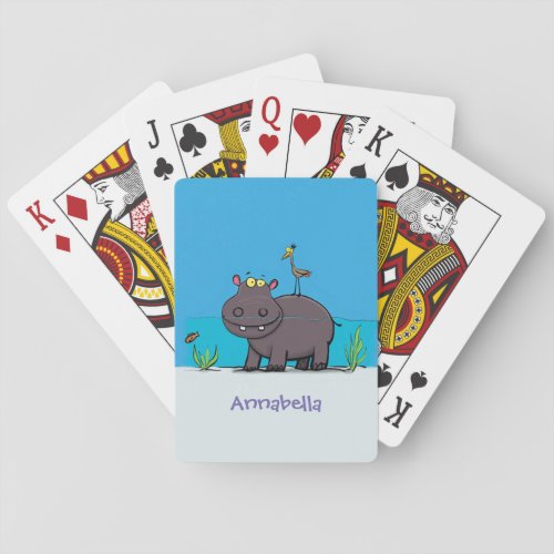 Cute funny hippopotamus with bird cartoon playing cards
