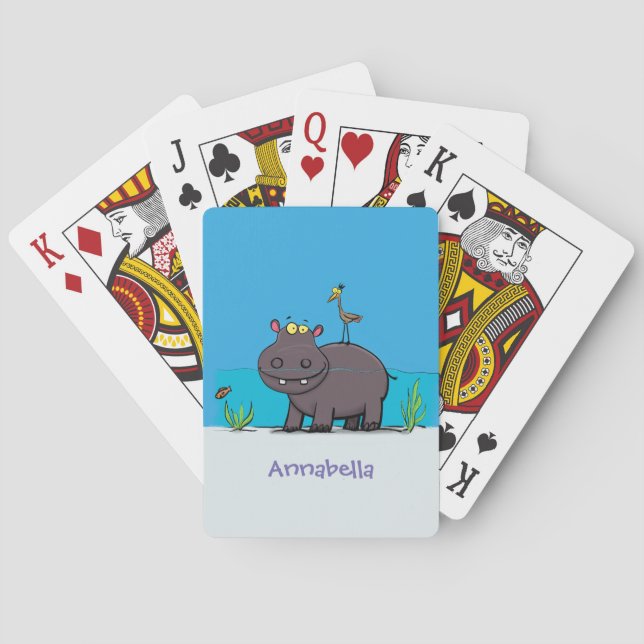 Cute funny hippopotamus with bird cartoon poker cards (Back)