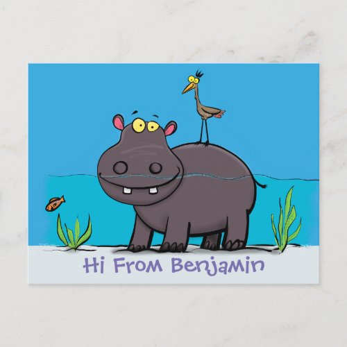Cute funny hippopotamus with bird cartoon postcard