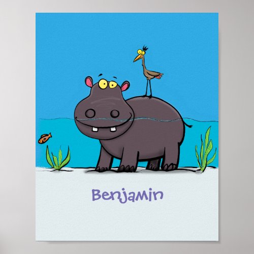 Cute funny hippopotamus with bird cartoon poster