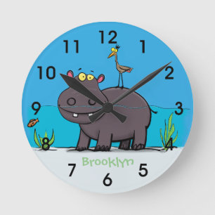 Cute funny hippopotamus with bird cartoon round cl clock