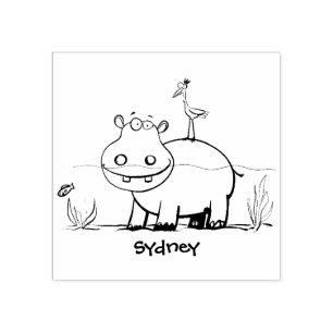 Cute funny hippopotamus with bird cartoon rubber stamp