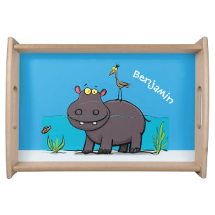 Cute funny hippopotamus with bird cartoon serving tray