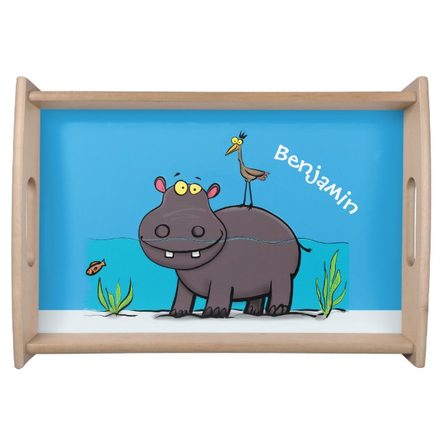 Cute funny hippopotamus with bird cartoon serving tray (Front)