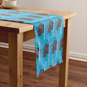 Cute funny hippopotamus with bird cartoon short table runner