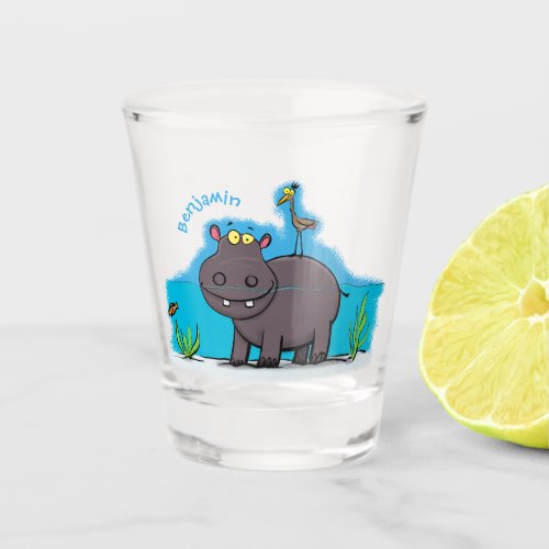 Cute funny hippopotamus with bird cartoon  shot glass