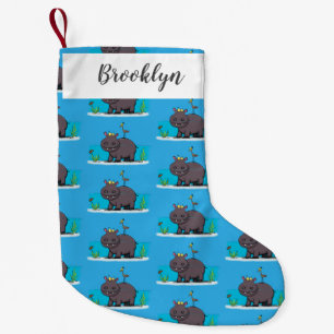 Cute funny hippopotamus with bird cartoon small christmas stocking