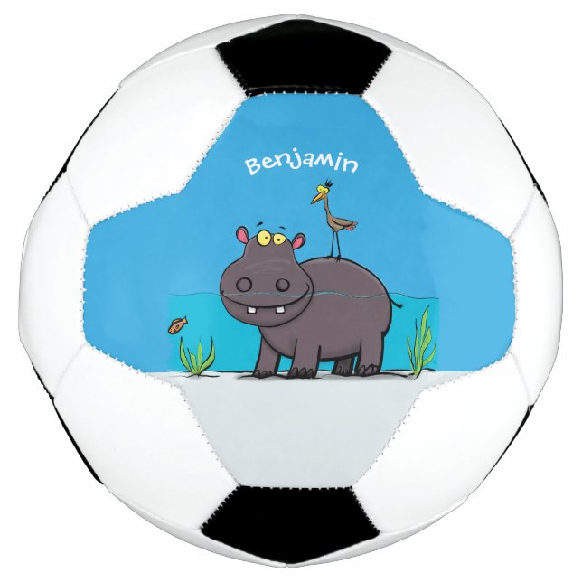 Cute funny hippopotamus with bird cartoon soccer ball (Front)