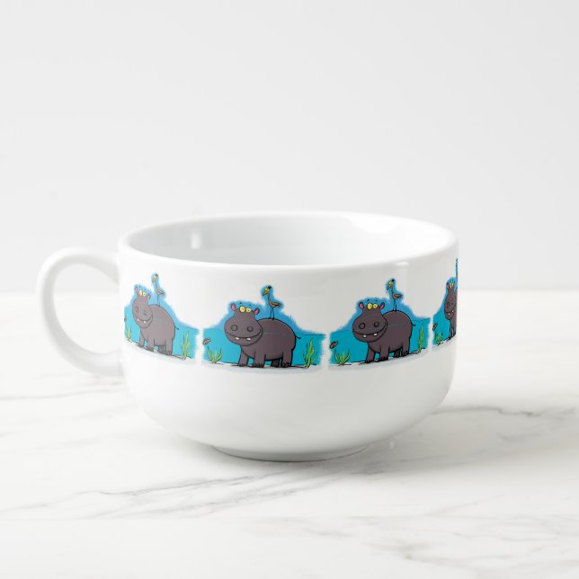 Cute funny hippopotamus with bird cartoon soup mug (Right)