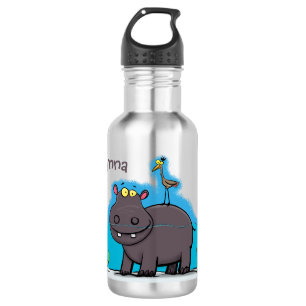 Cute funny hippopotamus with bird cartoon stainless steel water bottle