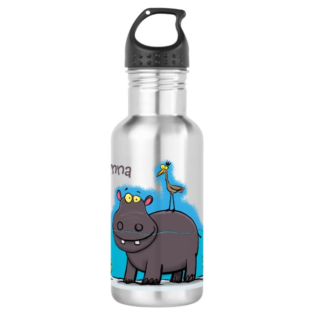 Cute funny hippopotamus with bird cartoon stainless steel water bottle (Front)