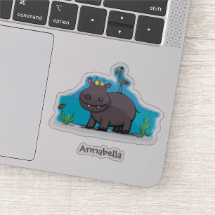 Cute funny hippopotamus with bird cartoon sticker