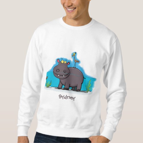 Cute funny hippopotamus with bird cartoon sweatshirt