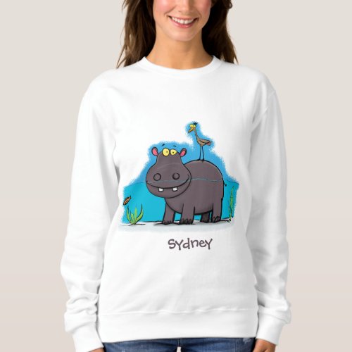 Cute funny hippopotamus with bird cartoon sweatshirt