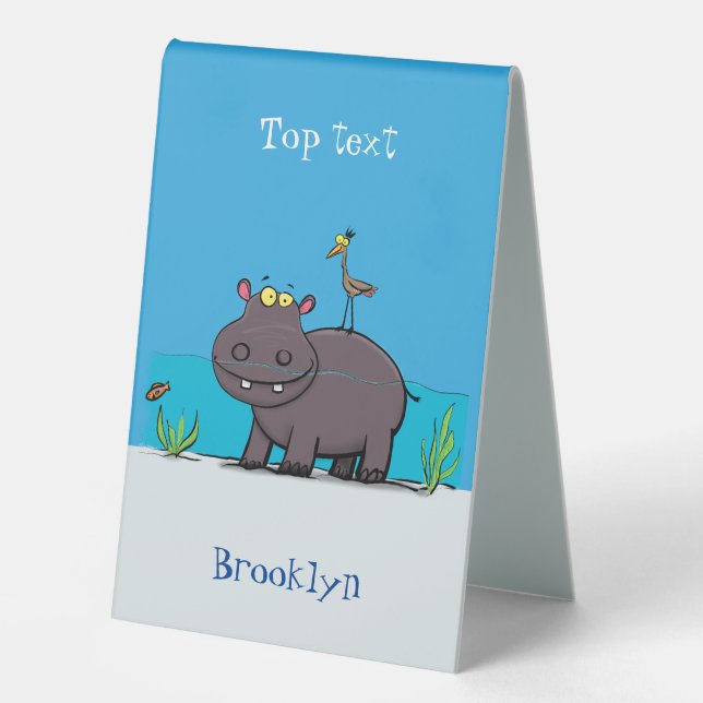 Cute funny hippopotamus with bird cartoon table tent (Front)