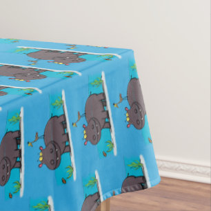 Cute funny hippopotamus with bird cartoon tablecloth