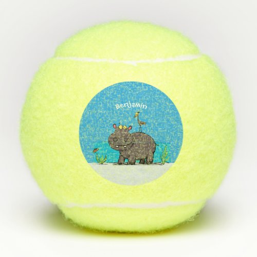 Cute funny hippopotamus with bird cartoon tennis balls