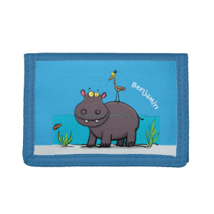 Cute funny hippopotamus with bird cartoon tri-fold wallet