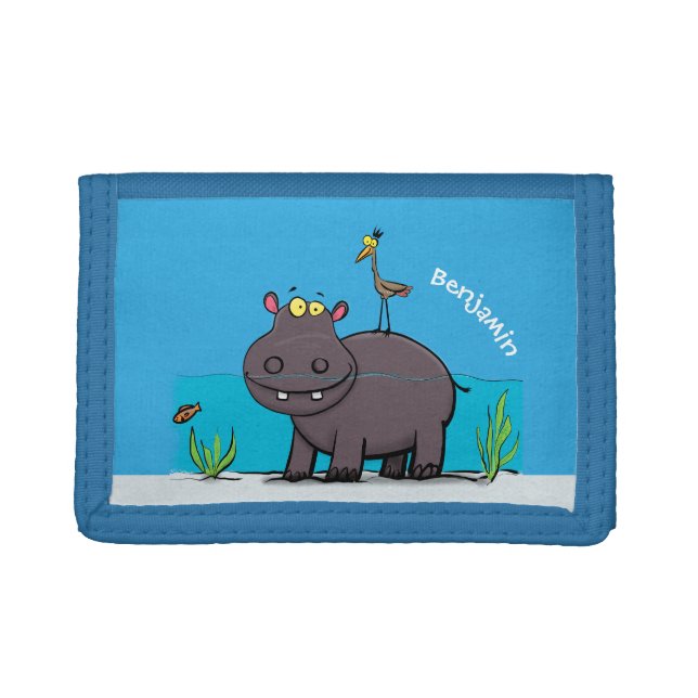 Cute funny hippopotamus with bird cartoon trifold wallet (Front)