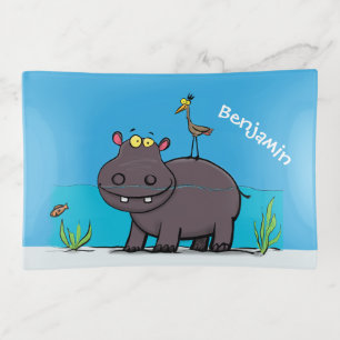 Cute funny hippopotamus with bird cartoon trinket tray