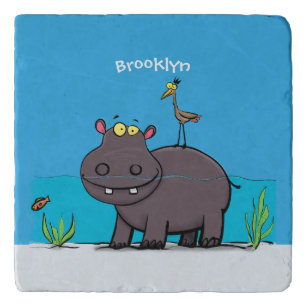Cute funny hippopotamus with bird cartoon trivet