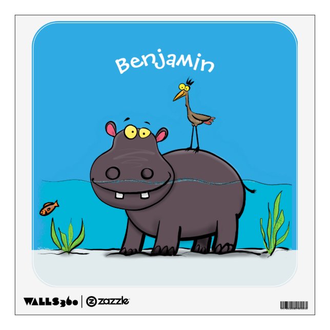 Cute funny hippopotamus with bird cartoon wall decal (Front)