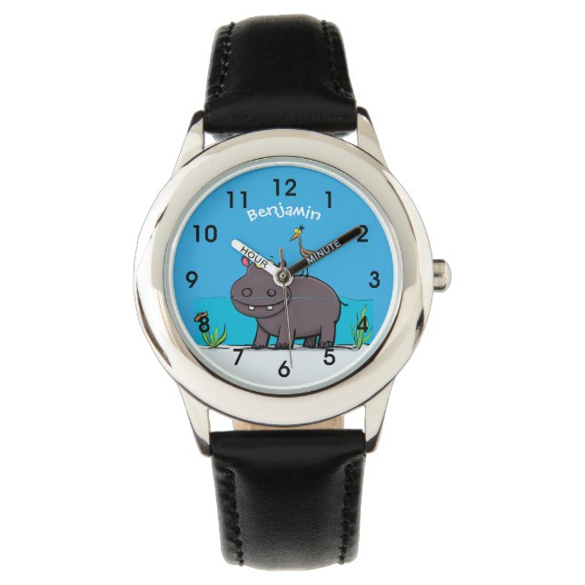 Cute funny hippopotamus with bird cartoon watch (Front)